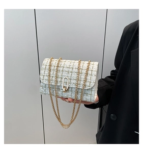 Close-up of white tweed crossbody bag with gold chain strap and metallic rectangular clasp