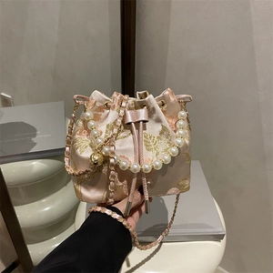 New Chinese Style Embroidery Bucket Bag Artificial Pearl Handle Satin Floral Crossbody Handbag For Women Vintage Elegant Drawstring Bag