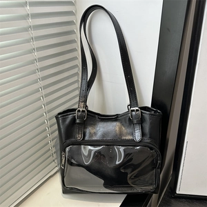 Japanese Style Minimalist Black PU Leather Ita Bag For Women Clear Window Tote Shoulder Bag Large Capacity Commuting Handbag