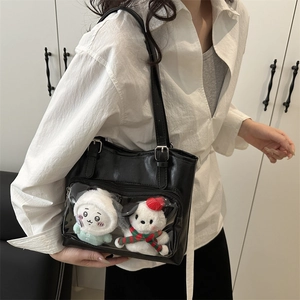 Minimalist black PU leather ita bag with clear PVC front pocket and cute plush pendants