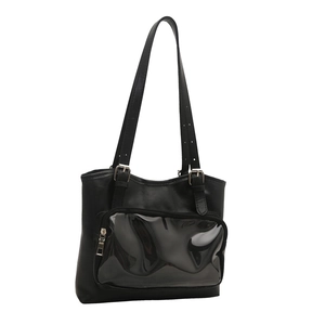 Black PU leather large capacity tote bag with transparent PVC pocket for casual commute