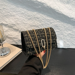 Women Plaid Tweed Chain Shoulder Bag Vintage Lock Small Square Crossbody Bag Minimalist Elegant Party Daily Purse Nylon