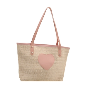 Sac fourre-tout de plage en paille pour femme avec détail cœur en cuir rose et bandoulière