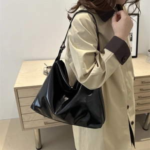 Retro black faux leather hobo bag with high gloss finish and large capacity