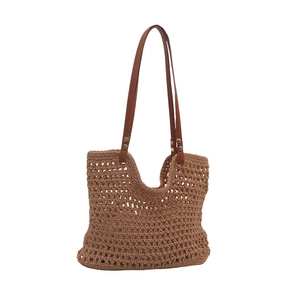 Brown hand-woven cotton crochet tote bag with hollow design and leather shoulder straps