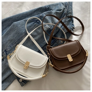 Detail of vintage saddle bags in white and dark brown with golden metal buckle clasp