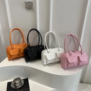 Glossy large capacity tote bags in orange, black, white, and pink with double pockets