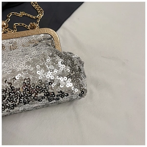 Close-up of sparkling silver sequin clutch bag with vintage engraved gold metal frame