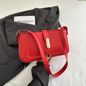 Women Vintage PU Leather Shoulder Bag Large Capacity Buckle Flap Minimalist Solid Color Baguette Crossbody Underarm Bag Fashion Handbag