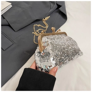 Detailed view of shimmering silver sequins and vintage gold metal clasp on shell bag