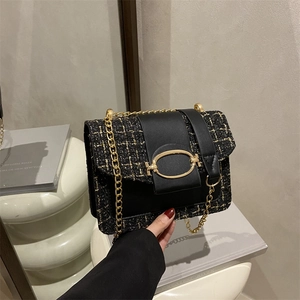 Women's Elegant Tweed Plaid Chain Shoulder Bag PU Leather Patchwork Crossbody Bag French Style Small Square Messenger Bag