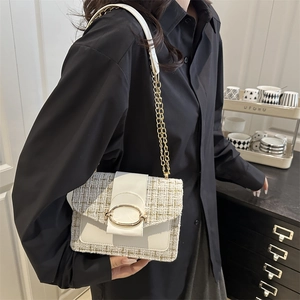 Elegant tweed plaid small square crossbody bag with gold chain and metal clasp detail