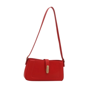 Retro red faux leather crossbody bag with elegant gold metal buckle and shoulder strap