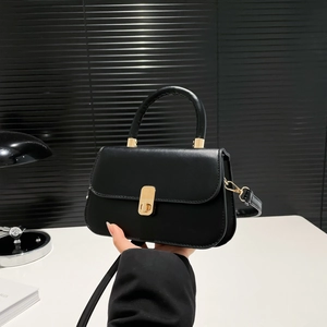 Women French Minimalist PU Leather Small Square Crossbody Bag With Top Handle Gold Lock Adjustable Strap Shoulder Handbag