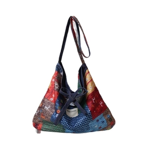 Double-sided bohemian patchwork denim tote bag with ethnic floral prints and deer motifs