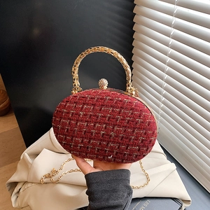Women's Elegant Tweed Checkered Shoulder Bag With Chain Strap Nylon Alloy Rhinestone Evening Clutch Party Handbag