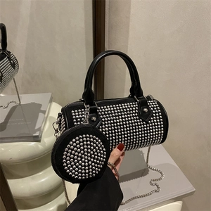 Fashion Studded Rhinestone Cylinder Bag With Detachable Chain Strap And Round Coin Purse Stylish Women Crossbody Bag