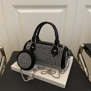 Sparkly rhinestone cylinder barrel handbag in black with matching mini coin purse and chain