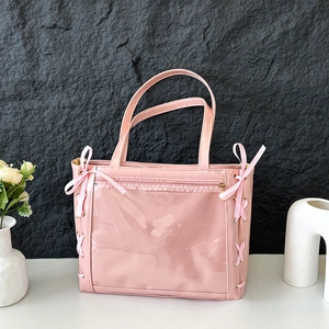 Women Cute Bow Ribbon Large Capacity Shoulder Tote Bag PU Leather Transparent PVC Window Ita Bag Fashion Daily Bag