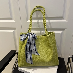 Women Large Capacity Woven PU Leather Tote Bag Fashion Simple Shoulder Bag With Scarf Decoration Daily Commuting Handbag