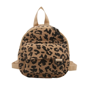 Chic leopard print corduroy mini backpack with front flap pocket and adjustable straps