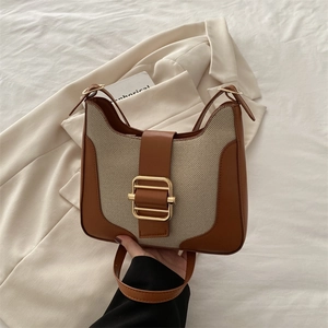 Fashion Retro Color Block Shoulder Bag Large Capacity PU Canvas Stitching Crossbody Underarm Bag For Women Minimalist Commute Tote