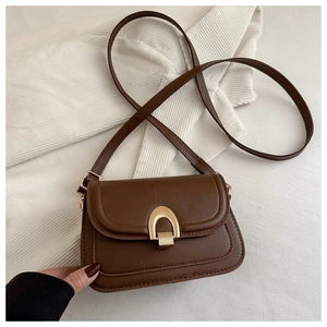 Close-up of a brown vintage crossbody bag featuring a luxury gold horseshoe buckle clasp
