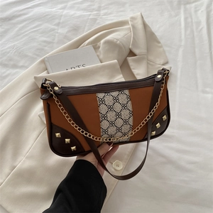 Vintage Women Underarm Bag Patchwork PU Leather Shoulder Bag With Metal Chain Rivet Geometric Print Casual Fashion Handbag