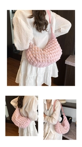 Detailed views of a pink popcorn textured shoulder bag with high-capacity design