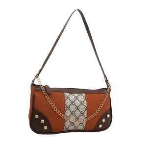 Fashion canvas patchwork shoulder bag with gold chain and floral detail for women