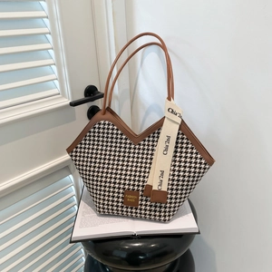 Borsa Tote da Donna a Quadretti Pied de Poule Grande Capacità Moda Casual Chic Borsa a Spalla Con Nastro Lettere Pendolare