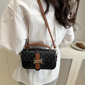 Mini vintage shoulder bag with grey geometric pattern and golden H-shaped buckle