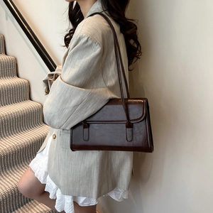 Retro dark brown large capacity shoulder bag in glossy PU leather with dual straps