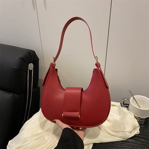 Women Minimalist PU Leather Underarm Hobo Bag Retro Half Moon Shoulder Bag With Belt Buckle Solid Color Commuter Handbag