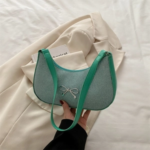 Women Fashion Sequin Bowknot Shoulder Underarm Bag Solid Color Large Capacity Crescent Hobo Handbag Shiny PU Leather Daily Party Bag