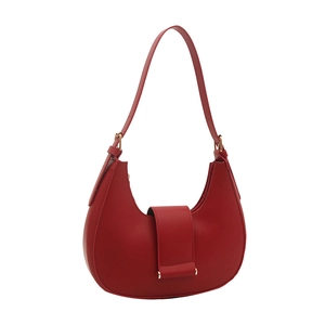 Solid red crescent shoulder bag in matte leather with decorative gold metal buckle