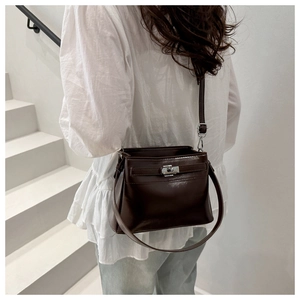 Deep brown leather handbag styled on model's shoulder against minimalist background
