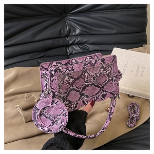 Detail of purple snakeskin texture bag with transparent slot and mini round coin purse