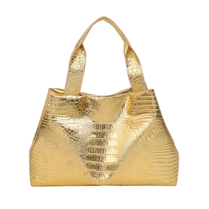 Metallic gold tote bag with crocodile texture and spacious interior for women