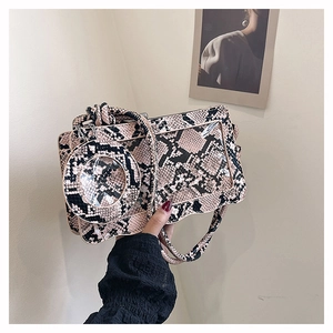 Detail of snake pattern shoulder bag with a matching mini round coin purse and clear pocket