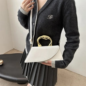 Minimalist white leather trapezoid handbag with gold liquid metal handle for women