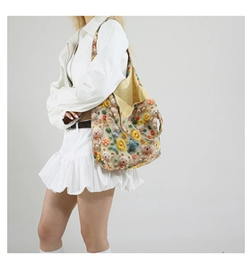 Close-up of floral tote bag with 3D cartoon bear and flower embroidery texture
