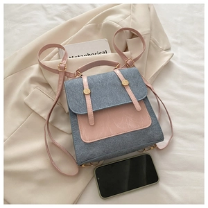 Mini dual-use retro backpack in grey-blue denim and pink leather with size reference