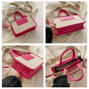 Multi-angle views of hot pink and cream canvas crossbody bag with interior zip compartment