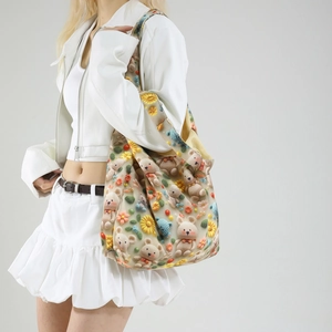 Floral crossbody tote with 3D crochet teddy bear and sunflower pattern for women