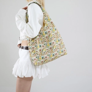 Floral bear embroidered canvas tote bag for women featuring a spacious lightweight design