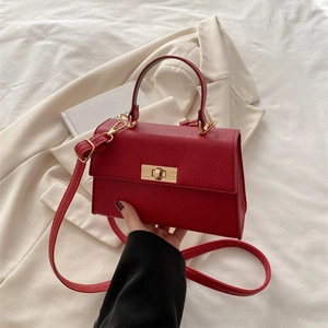 Fashion Women PU Leather Lychee Pattern Mini Square Bag Vintage Shoulder Handbag Solid Color Metal Lock Crossbody Bag Commute
