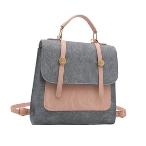 Fashionable college style grey textured fabric and pink leather dual-use backpack