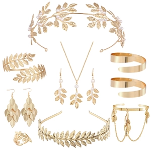 Cerchietto Sposa Foglia Oro Barocco Con Orecchini di Künstliche Perle Collana Bracciale Anello Gioielli Dea Greca Collezione Moda