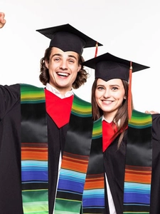 Close-up of Mexican serape graduation stole with colorful rainbow stripes on graduates